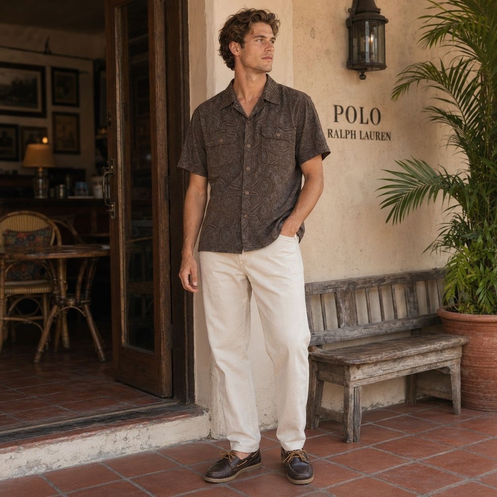 POLO RALPH LAUREN Mens Paisley Camp Shirt LARGE Brown Button 100% Cotton